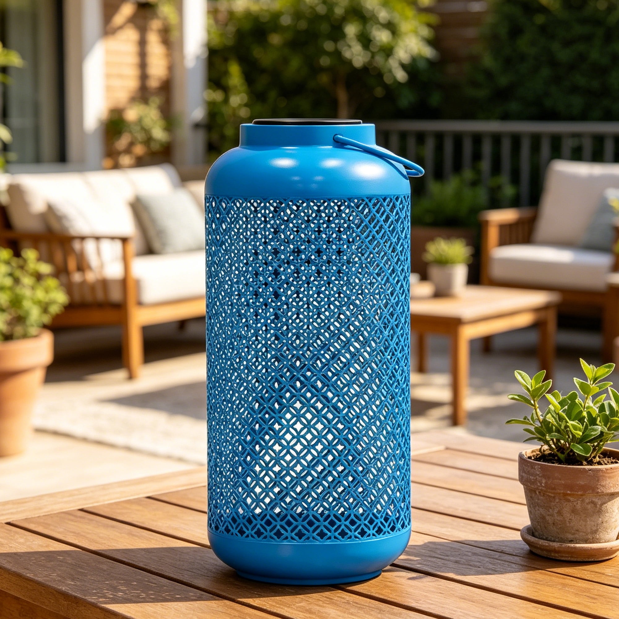 Abble  Outdoor Solar Lantern Light Metal Decorative Light Patio Garden Lantern with Hollowed-Out Design Hanging Lantern, Aqua