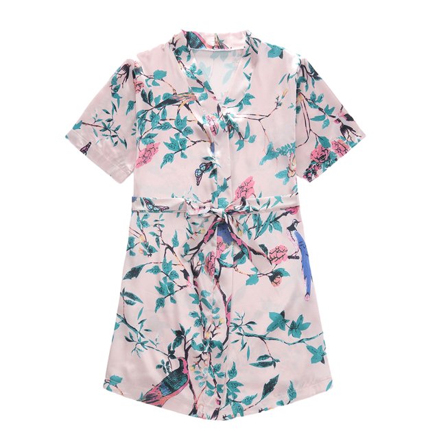 Qudderr Kids Baby Silky Satin Kimono Robe Solid Color Printing Bathrobe for Girls Boys Spring Fall Short Sleeve Night-Robe Toddler Soft Unisex Sleepwear for 1-7 Years