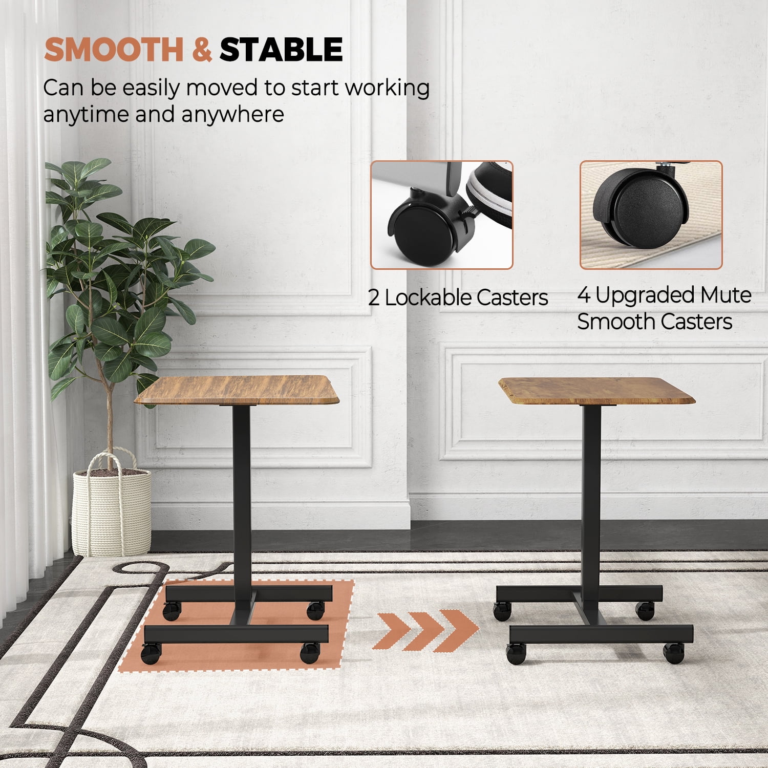 MAYEERTY Mobile Laptop Stand Rolling Desk with Adjustable Height for Home, Office, Brown