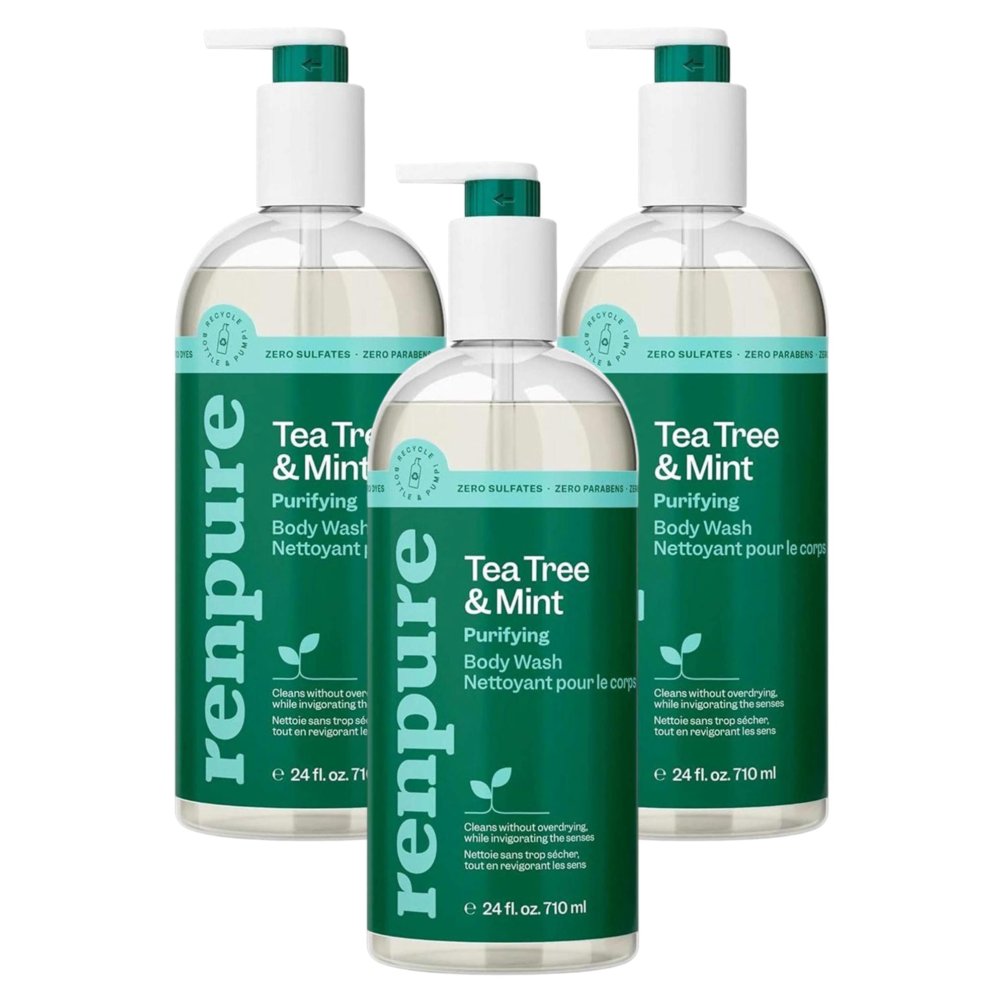 Renpure Body Wash Tea Tree & Mint Purifying 24 Ounce (710ml) (Pack of 3)