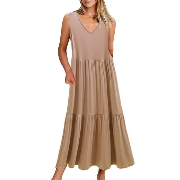 snowsong Summer Dress,Midi Dresses Women's Summer Casual Sleeveless V Neck Solid Color Slim Swing Casual Mid Length Dress Sundresses for Women,Beach Dress,Casual Dresses Beige Dress L