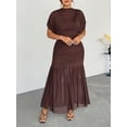 thumbnail image 6 of Brown Plus Size Elegant Sheer Mesh Ruched Maxi Dress With Cowl Neck And Puff Sleeves, 6 of 8