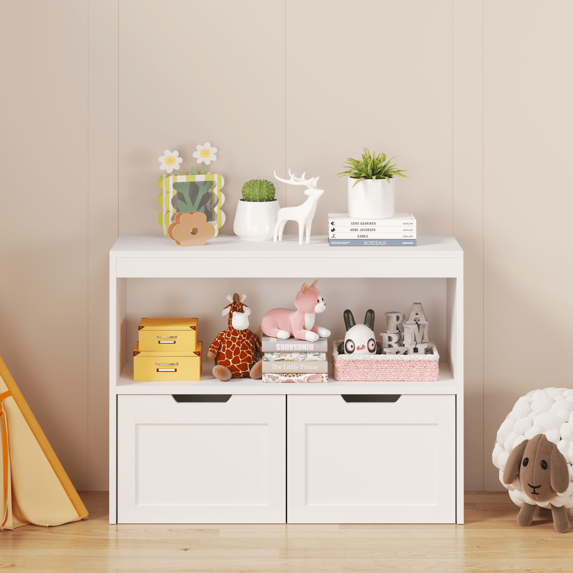 2-Drawer 3-Cube Storage Organizer Cabinet, White Book and Toy Shelf Unit for Kids' Bedroom, Living Room, and Playroom