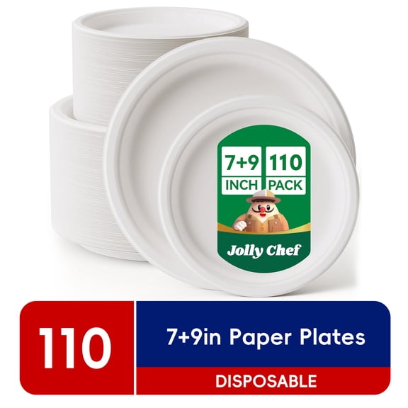 JOLLY CHEF Leak Resistant Disposable Paper Plates, 7 in and 9 in, 110 Count