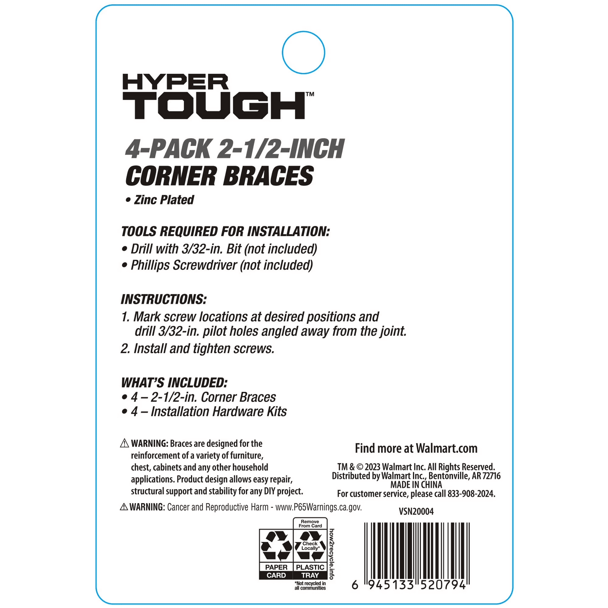 (2 pack) Hyper Tough 2-1/2 x 2-1/2 inch Corner Brace, Steel, Zinc Plated (4 Pack), mounting hardware included