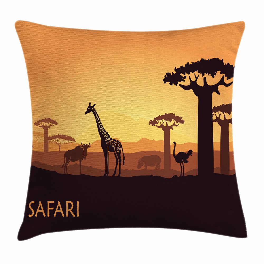 Safari Throw Pillow Cushion Cover, African Sunset A Giraffe Ostrich