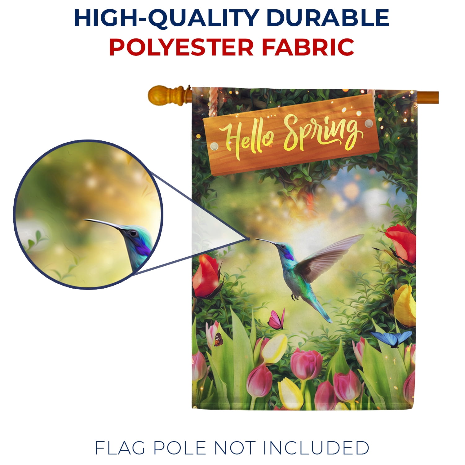 America Forever Hello Spring House Flag 28 x 40 inches Double Sided Summer Bird, Colorful Flowers, Tulip - Seasonal Yard Lawn Outdoor Decorative Summer Hummingbird House Flag