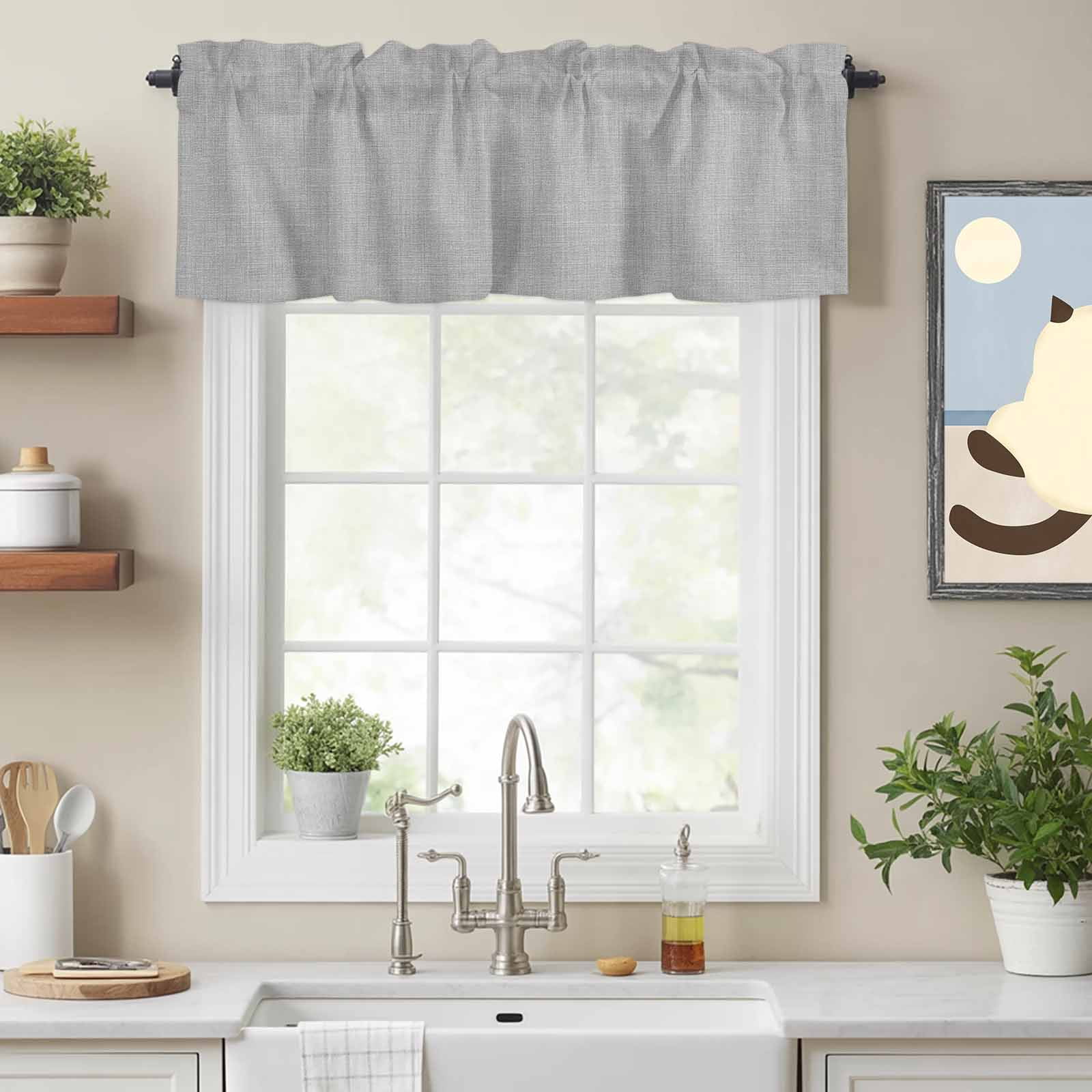 Solid Color Gray Valances for Windows,Rod Pocket Valance for Kitchen Bedroom Bathroom Living Room, Vintage Linen Monochrome Pattern Window Valance Curtain Farmhouse Home Decor Short Curtains 60x18in
