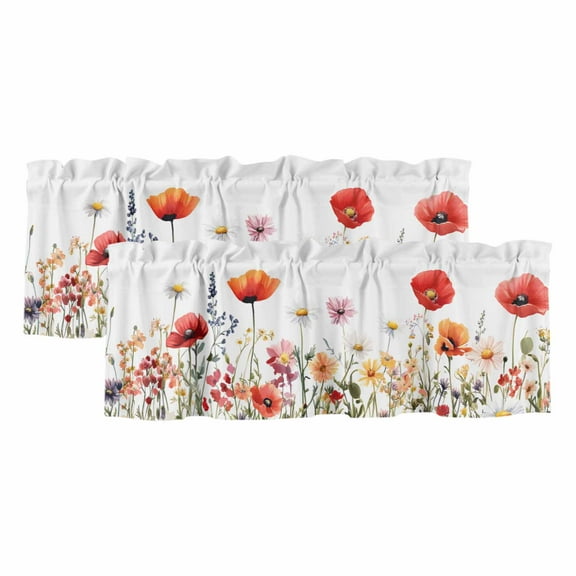 2 Pack Pastoral Flowers Valance for Window Colorful Daisy Floral Leaves Watercolor Kitchen Valance Rod Pocket Short Curtain Topper Decorative Window Treatment for Living Room Bedroom 54"x18"