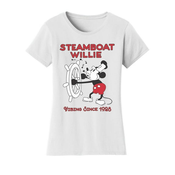 Womens Vintage Steamboat Willie T-Shirt - Classic Vibing Cartoon Shirt, White Medium