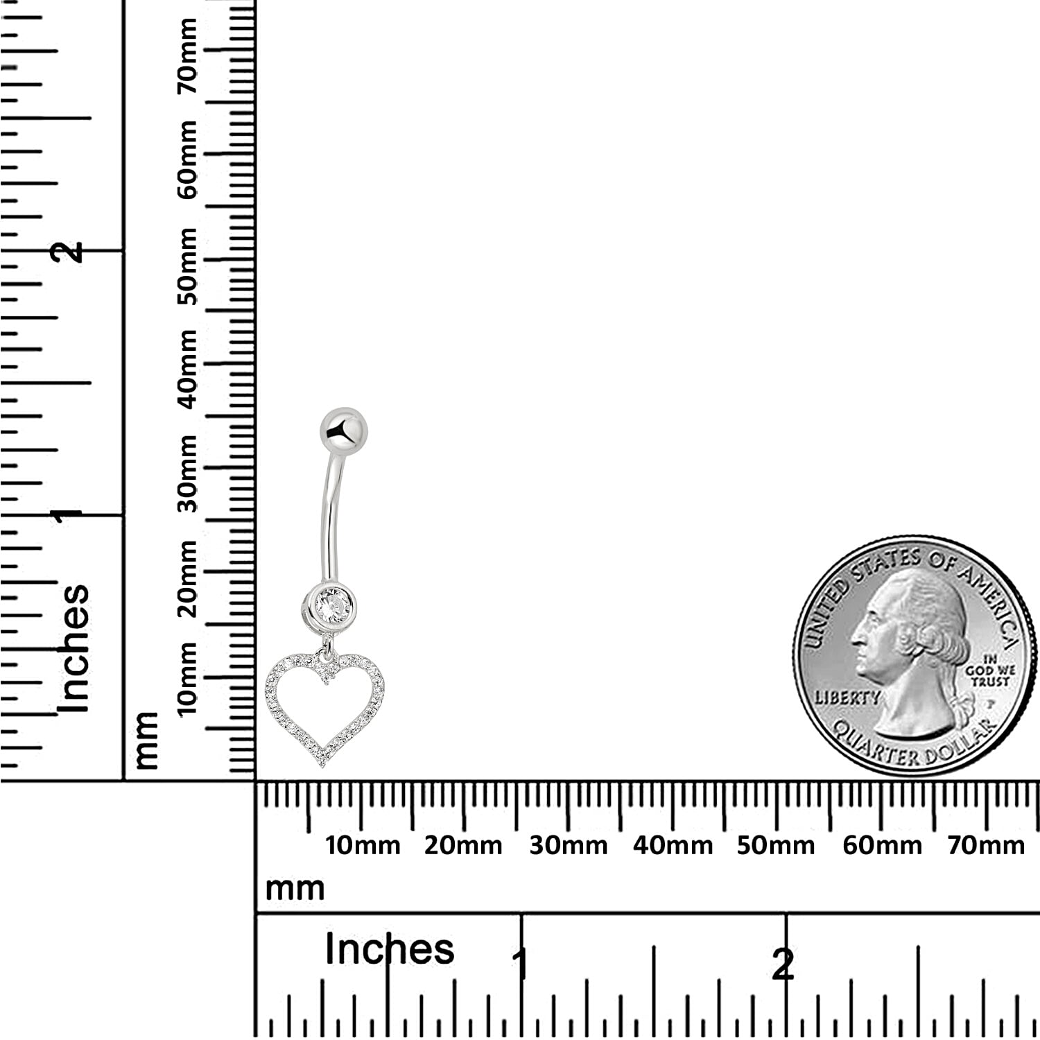 AVORA 10K White Gold Simulated Diamond CZ Open Heart Dangling Belly Button Ring Body Jewelry (14 Gauge)