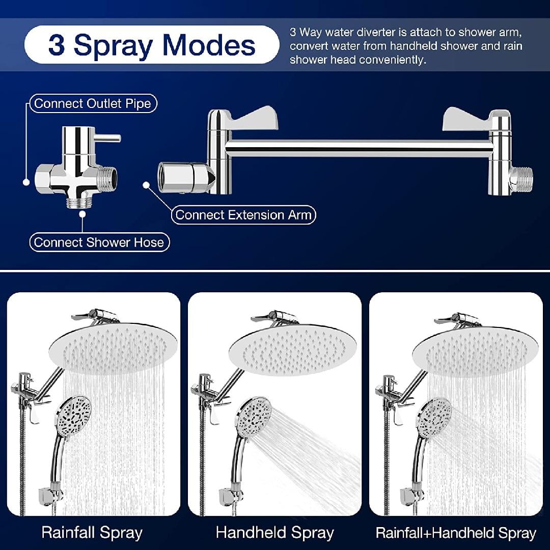 Rain Shower Head 10" Rainfall Shower Head Handheld 9 Setting High