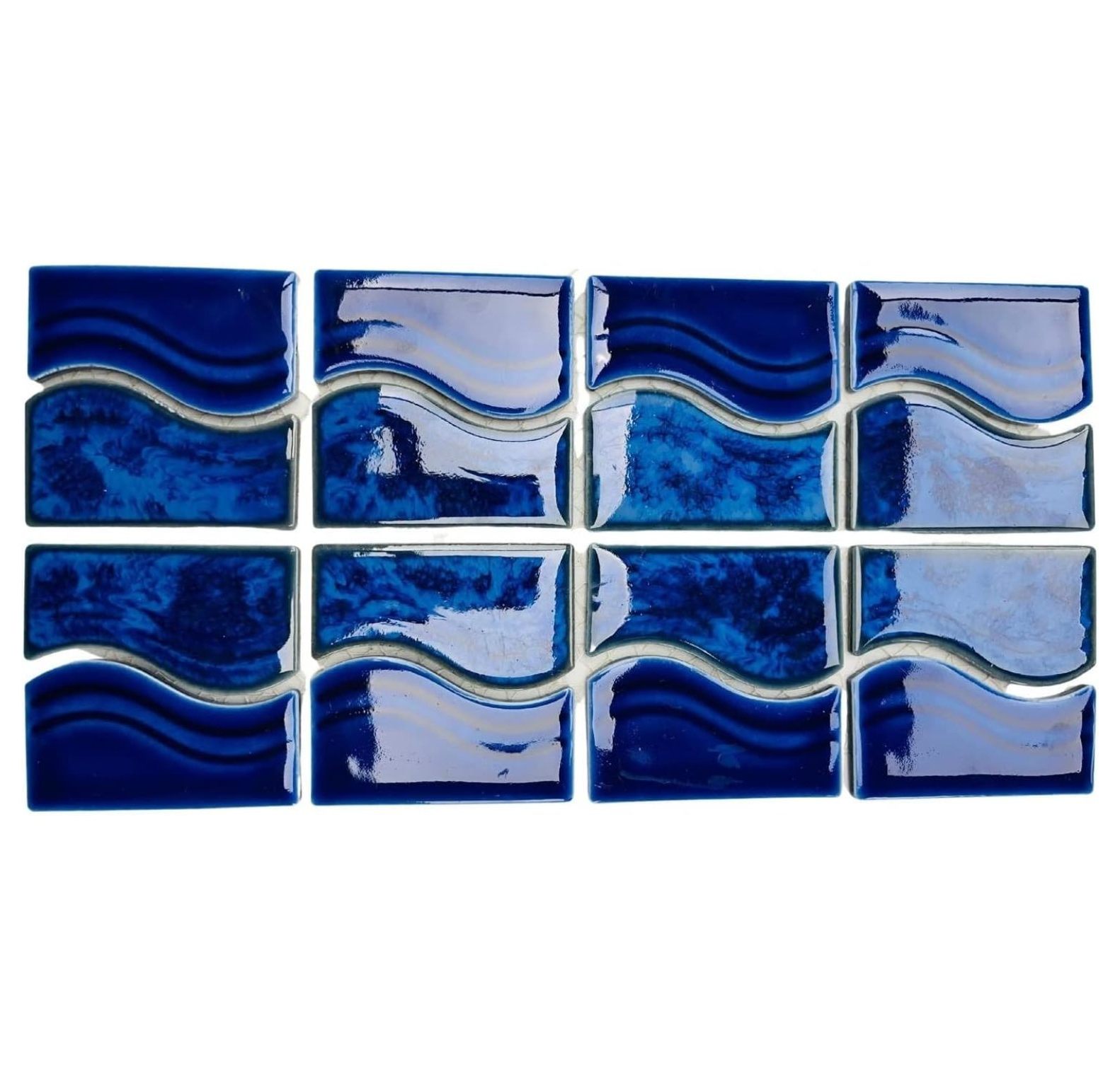 saney Marble Blue Wavy Glossy Porcelain Lineup Border Pool Wall Tile on 6x12 Mesh for Easy Installation, for Bathroom Wall, Backsplash (1 Piece)