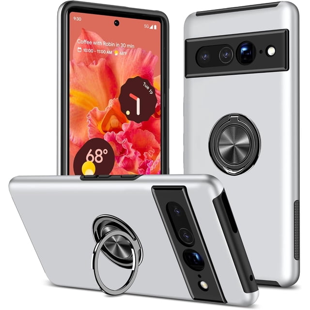 KOMI for Google Pixel 7 Pro Case with 360 Degrees Metal Ring Hard PC Silicone Shockproof Hard PC Case for Google Pixel 7 Pro Silver