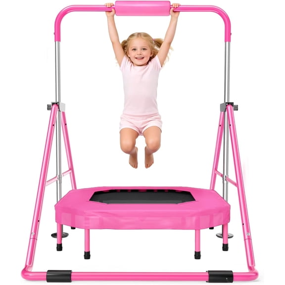 Foldable Gymnastics Bar with Trampoline for Kids Adjustable 35"-51" Sturdy 140 lbs Capacity Gymnastics Equipment Indoor/Outdoor Training