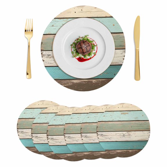 Farmhouse Teal Brown Round 13 Inch Placemats Set of 6, Vintage Ombre Wooden HeatResistant Non Slip Place Mats for Dining Table, Wipeable Braided Kitchen Table Mats for Housewarming