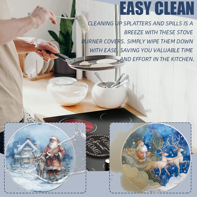 Christmas Metal Electric Stove Burner Cover, Santa Claus and Snow-White Reindeer Round Durable Gas Stove Burner Covers Set of 4 for Kitchen Decor Xmas Decorations, 8 Inches and 10 Inches