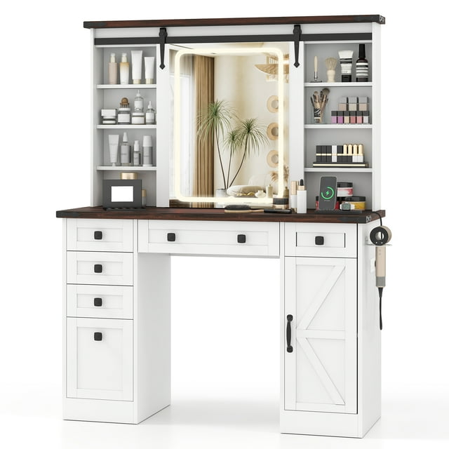 Gymax Vanity Desk w/Touch Screen Mirror Farmhouse Dressing Table w/Charging Station