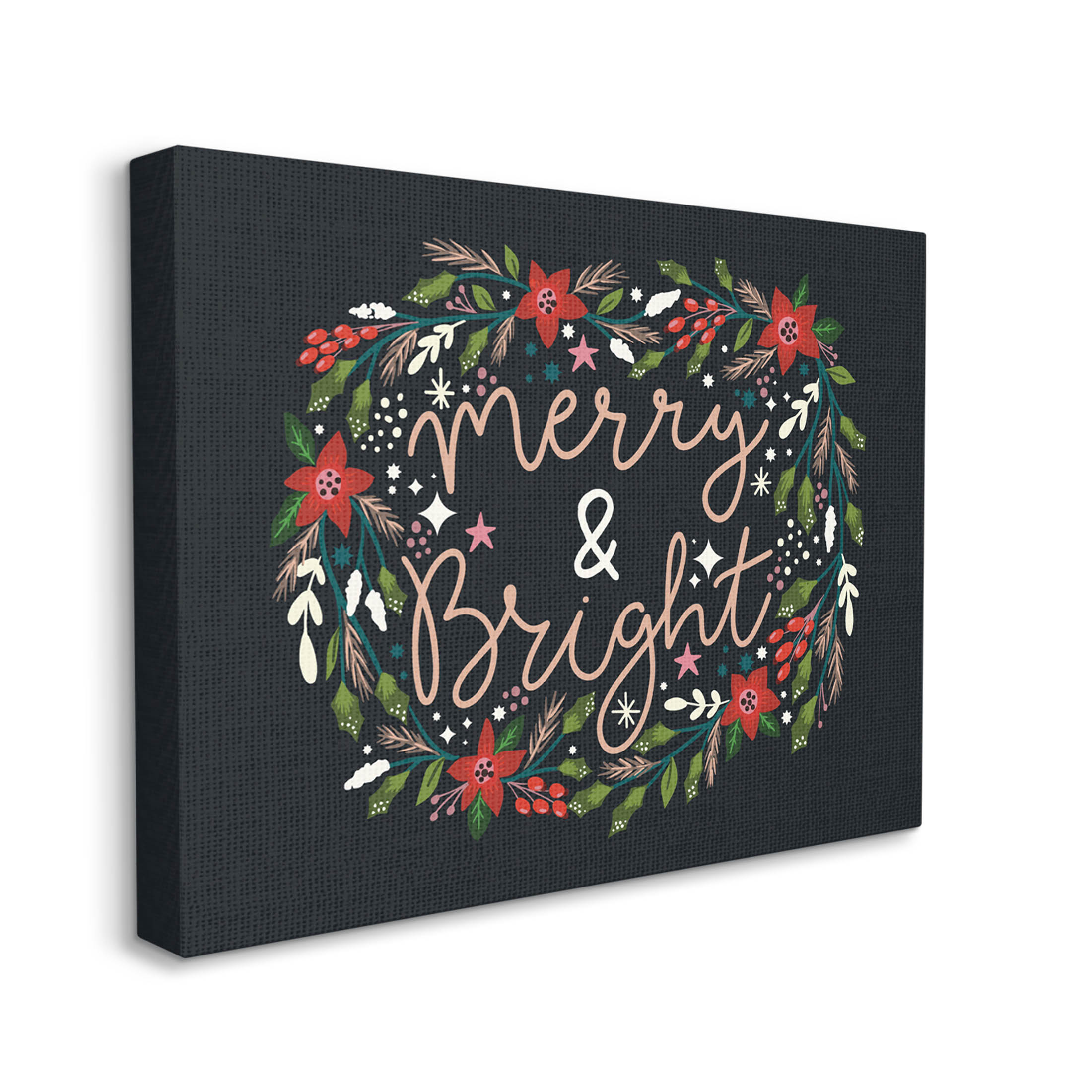 Merry & Bright Poinsettia Wreath Holiday Graphic Art Gallery Wrapped Canvas Print Wall Art