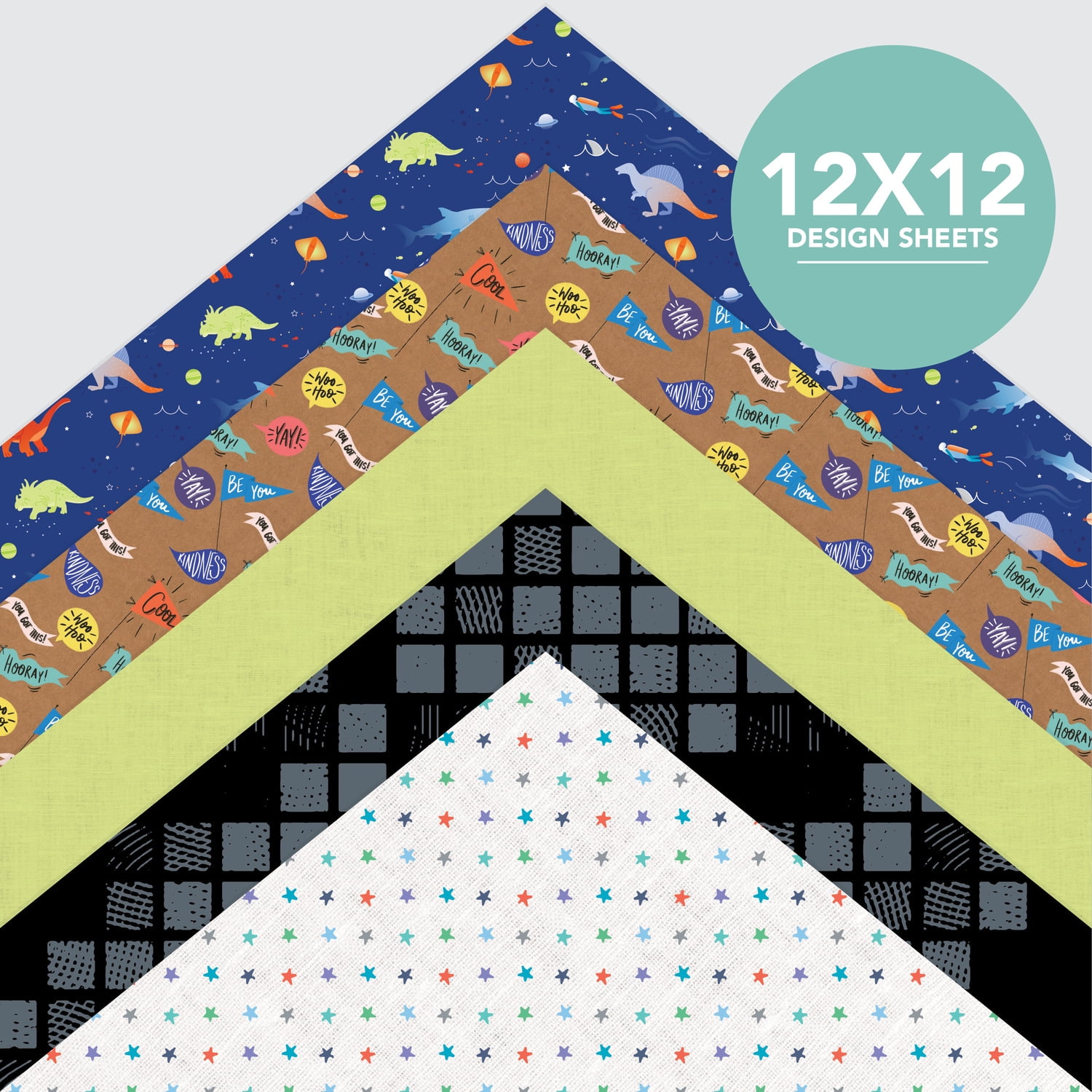 Roobee by Mara-Mi Dinosaur and Shark Scrapbook Paper 12" x 12" - 24 lb/ 100 GSM, 50 sheets