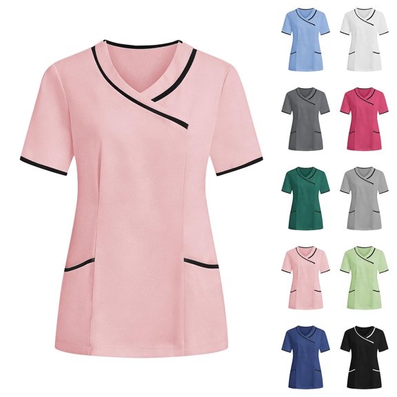 HAOTAGS Scrubs Top for Women, Mock Wrap with Pockets Soft Stretch & Durable Workwear Shirts Pink L