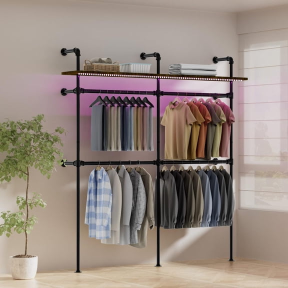 Industrial Pipe Clothing Racks, Wall Mounted Clothing Rack,Heavy Duty Garment Rack Closet Wardrobe Rack with Shelves,Closet Clothes Rack,Walk-in Pipe Closet System
