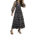 thumbnail image 4 of Liacowi Women Tulle Patchwork Dress V Neck Long Sleeve Casual A-Line Dresses with Belt Flower Flowy Sundress, 4 of 6