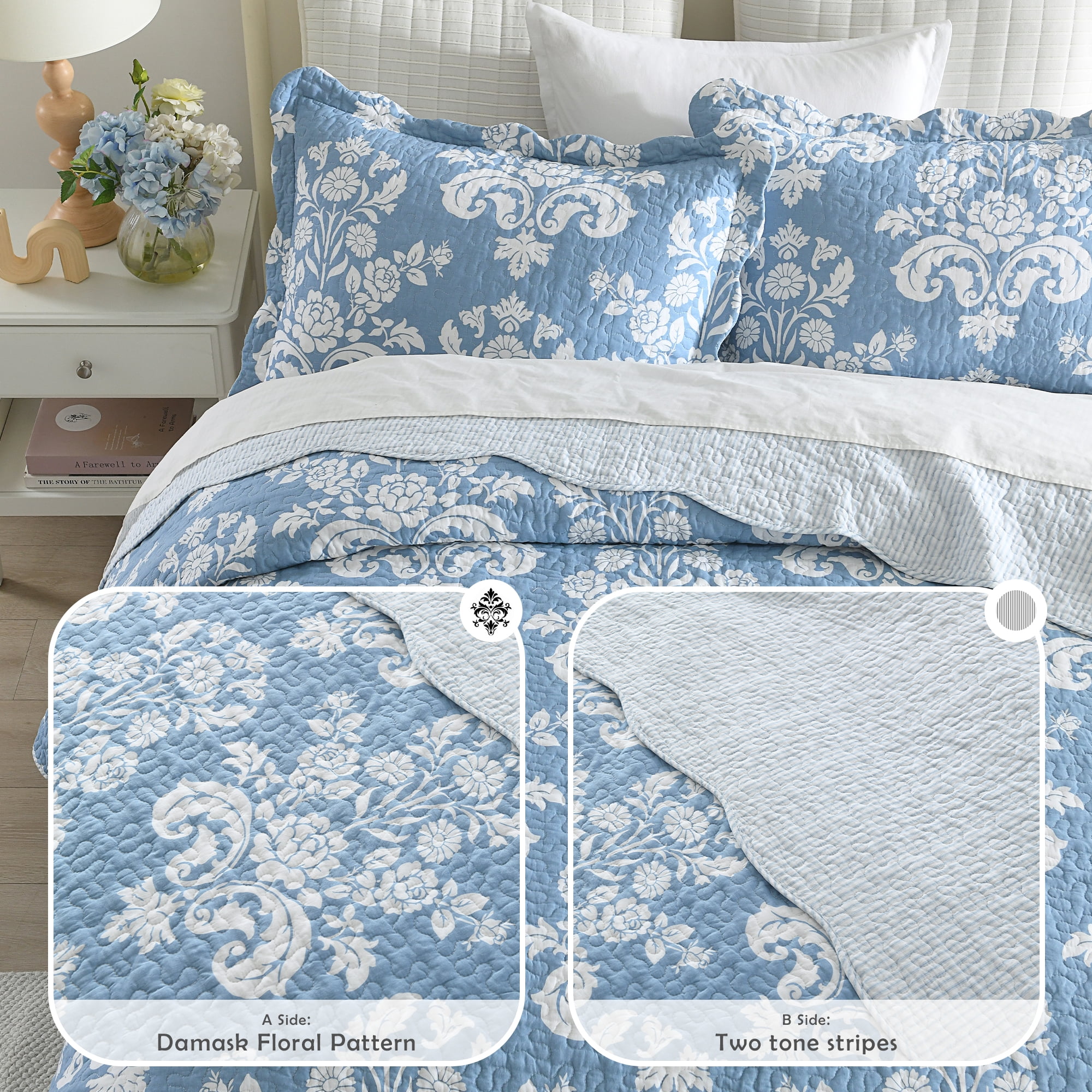 Quilt Queen Size - 100% Cotton Reversible Lightweight Bedspread Set, Pre-Washed Farmhouse Bedding with Damask Floral Pattern, All Season 3-Piece Coverlet (Blue and White)