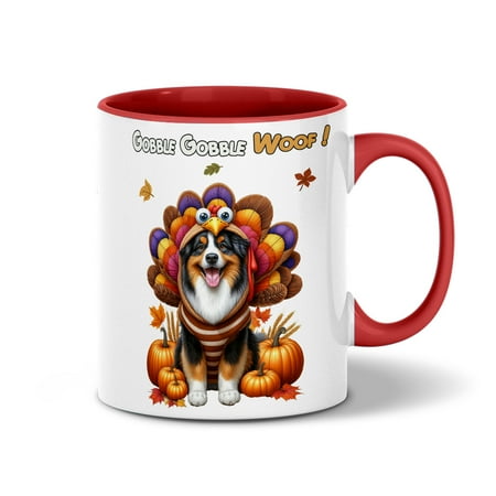 Happy Thanksgiving Australian Shepherd Turkey Costume Pumpkins Autumn Leaves 11oz Accent Two-tone Mug Aussie Dog Lover Gifts Coffee Tea Cup - 130144