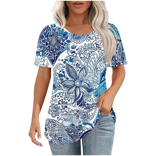 Staron Liquidation Hauts d'Été pour Femmes Manches Courtes Mode Blouses d'Été Plissées Col Rond Habillé Décontracté T-shirt Tunique Hauts