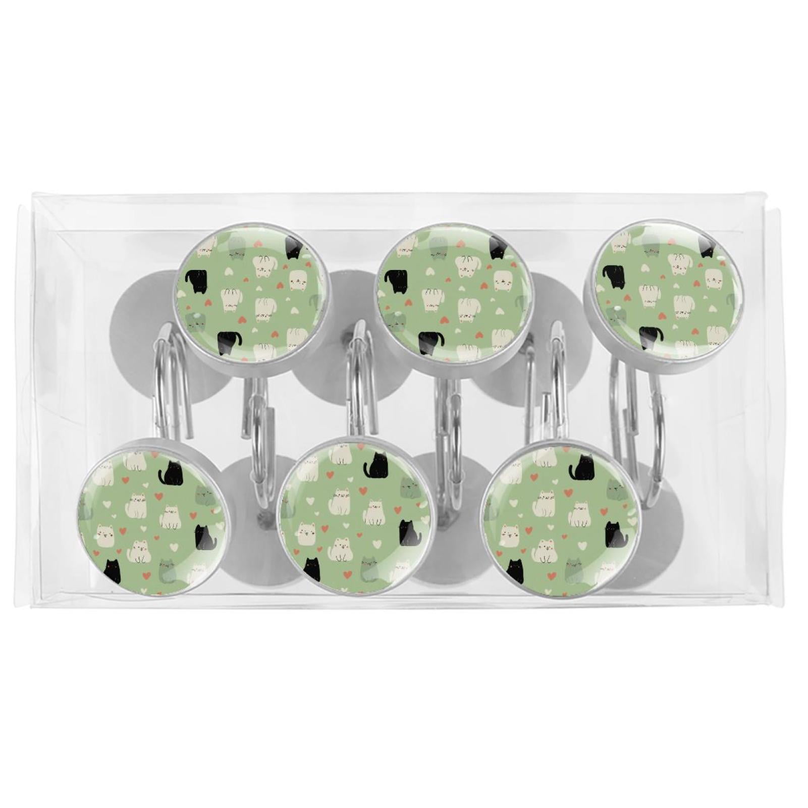 12pcs Decorative Shower Curtain Hooks, Rust Resistant Shower Rings for Bathroom Living Room,Rustproof Stainless Steel Rings for Shower Curtain and Liner Rods,Cats and Hearts Green