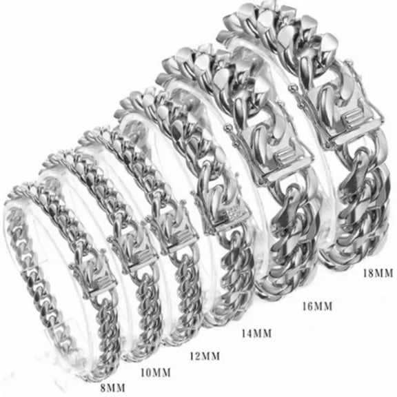QQTDFG 8mm-18mm Mens Miami Cuban Link Chain Bracelet Gold Silver Stainless Steel Bangle-Silver-10mm-7 inches bracelet
