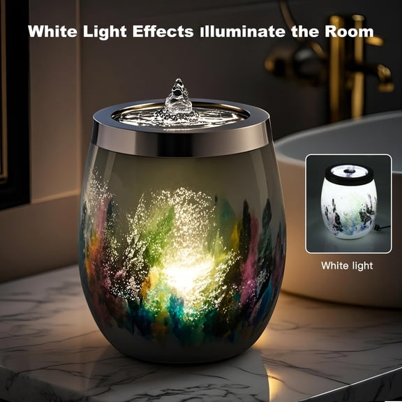 VOREEN Handblown Glass Tabletop Fountain - Art Glass Indoor Fountain with Cool White Ambient Glow  - Grey