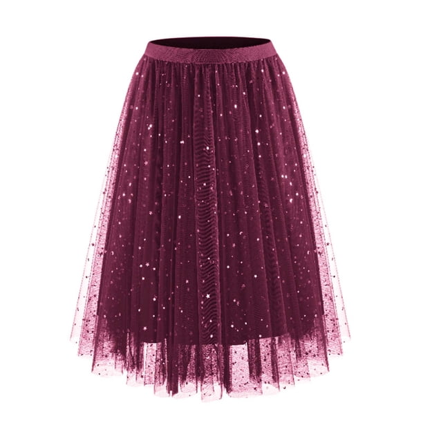 Faldas Largas para las Mujeres de Verano Estrella Impresión en Capas Pastel Malla Lentejuelas Irregular Media Longitud Maxi