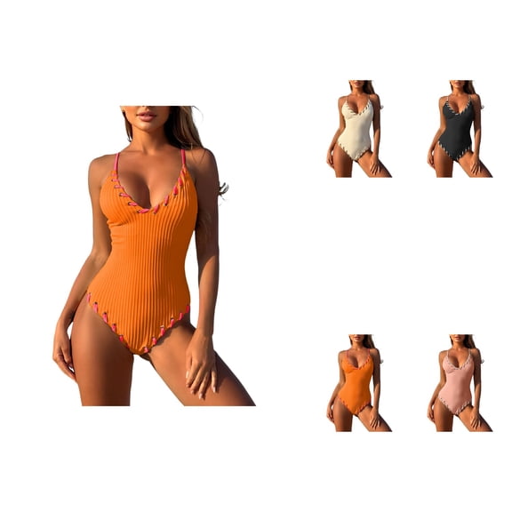 Womens Criss Cross One Piece Swimsuit with V-Neck, Contrast Binding, Ribbed Fabric, High Cut Leg