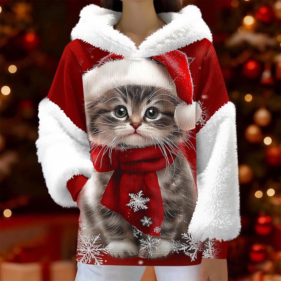 Craaazy Women's Christmas Hooded Sweatshirt Oversized Warm Long Sleeve Tops Gifts