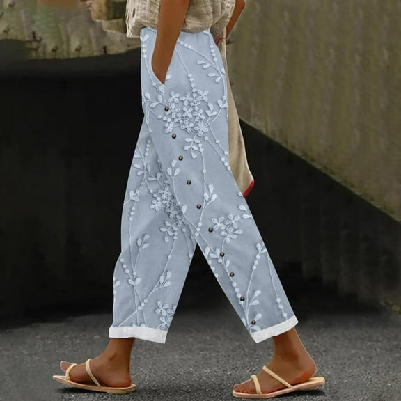 Summer Pants for Women, Embroidered Floral Cropped Loose Casual Straight with Pocket, Blue S-3XL