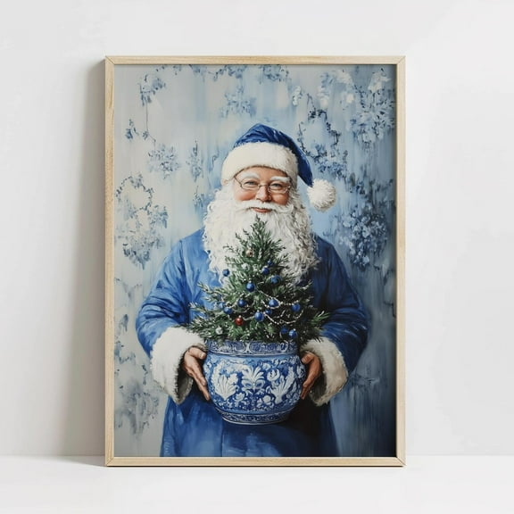 PosterArt Blue Floral Santa Poster, Vintage Winter Holiday Wall Art, Traditional Festive, 8x12 UNFRAMED