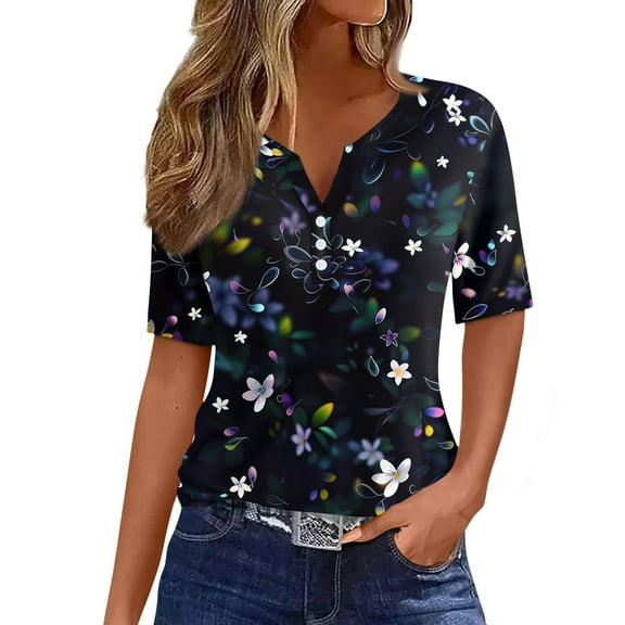 Women's Floral Print V-Neck Top, Casual Short Sleeve Button Detail T-Shirt for Spring Summer Daily Outfits