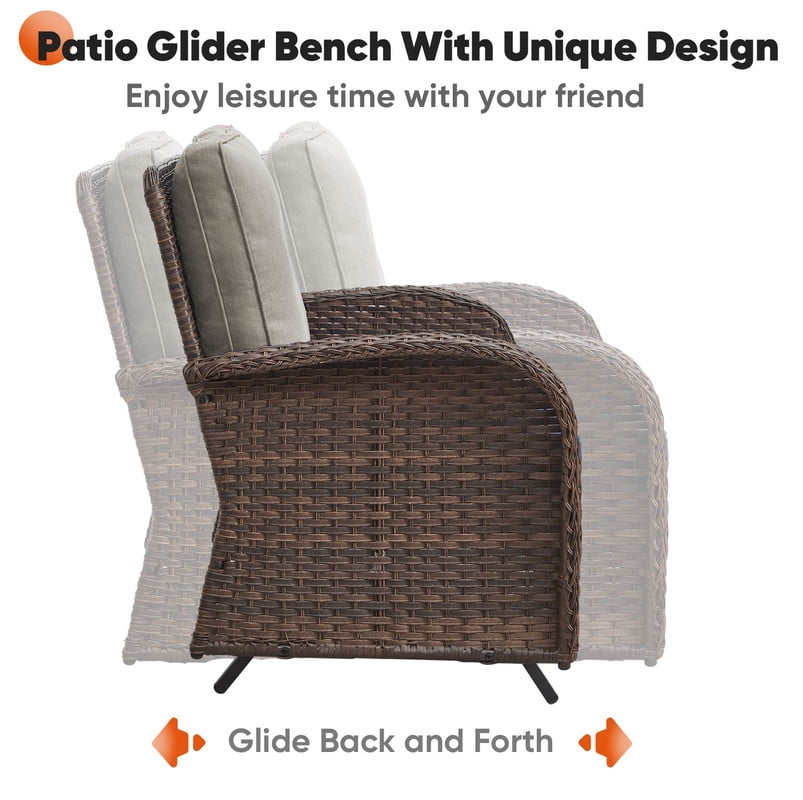 PARKWELL 5 Pieces Outdoor Patio Furniture Set with Fire Pit Table,All Weather Wicker Cushioned Rocking Chairs,Loveseat Glider for Garden Lawn Balcony Porch Deck,Brown/Gray