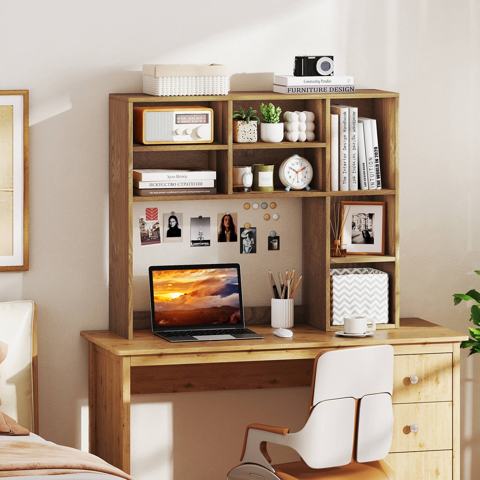Costway Desktop Bookshelf Desk Storage Hutch with 7 Open Cubbies & 3 Adjustable Shelves Natural