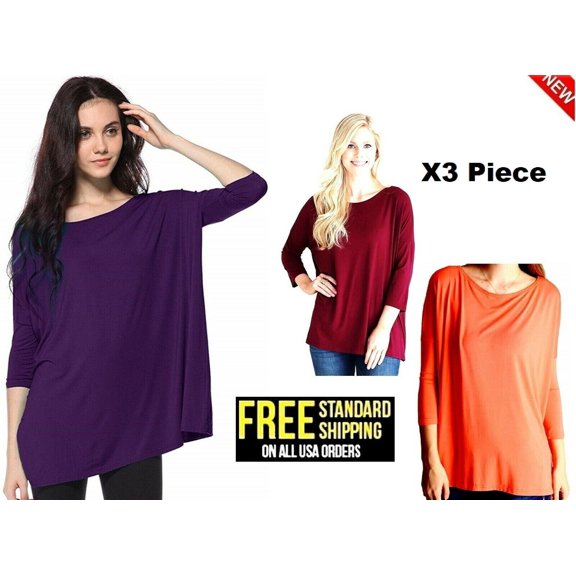 X3 Piece Jack David Collection Women's & Junior Top Casual Oversized Soft Loose Fit Boat Neck Plain ROUND Neck T-shirts Cotton/Spandex (3/4 Sleeve)