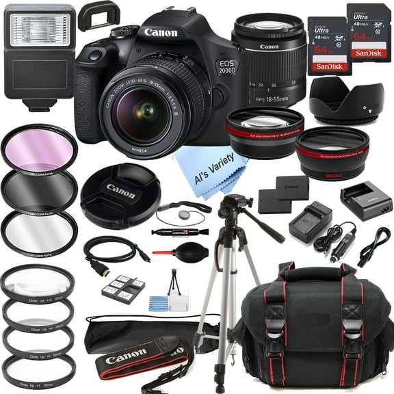 Canon EOS 2000D Rebel T7 DSLR Camera w/EF-S 18-55mm F/3.5-5.6 Zoom Lens   128GB Memory   Case   Tripod   Filters 36pc Bundle