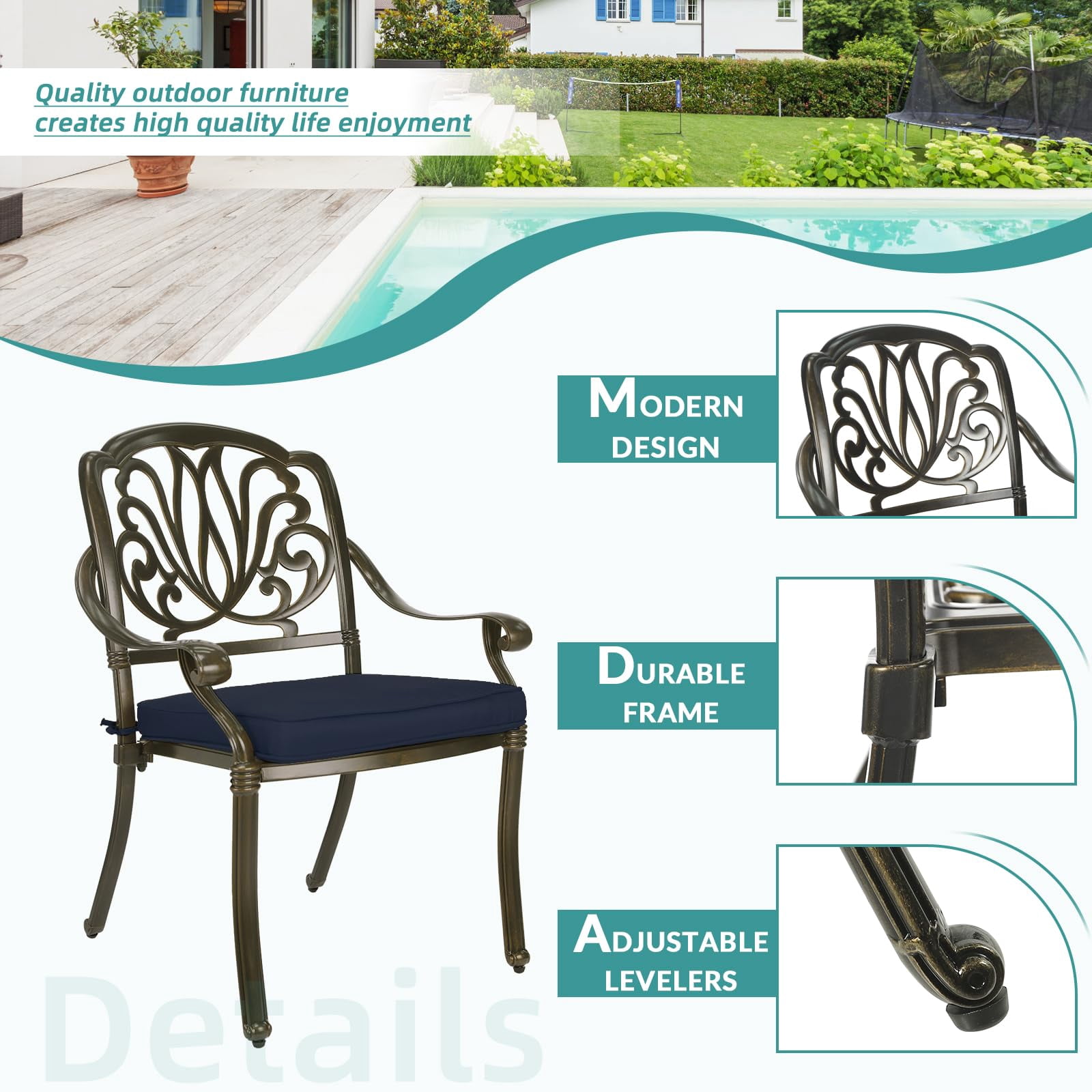MEETWARM 9-Piece Outdoor Furniture Dining Set, All Weather Cast Aluminum Patio Garden Set- 8 Cushioned Chairs, 61" Round Patio Dining Table with Detachable Lazy Susan, 2" Umbrella Hole, Navy Blue