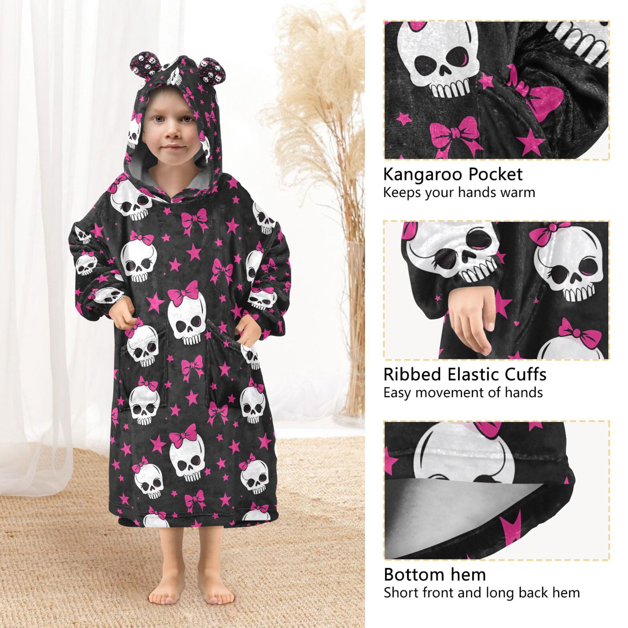 joogoo Wearable Blanket Skull with Bows Hoodie for Oversized Sherpa Hooded 3-14 YR M