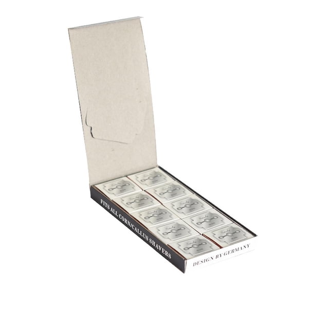 100Pcs/Box Callus Shaver Replacement Blade for dead skin and corn removal, made of high-quality stainless steel. The silver blades are packaged in a compact box measuring approximately 13x7cm (5.12x2.76in). These sharp replacement heads are designed for effective foot care, helping to remove hard, dry, and rough skin. Compatible with grooming tools and suitable for pedicure and nail art applications.