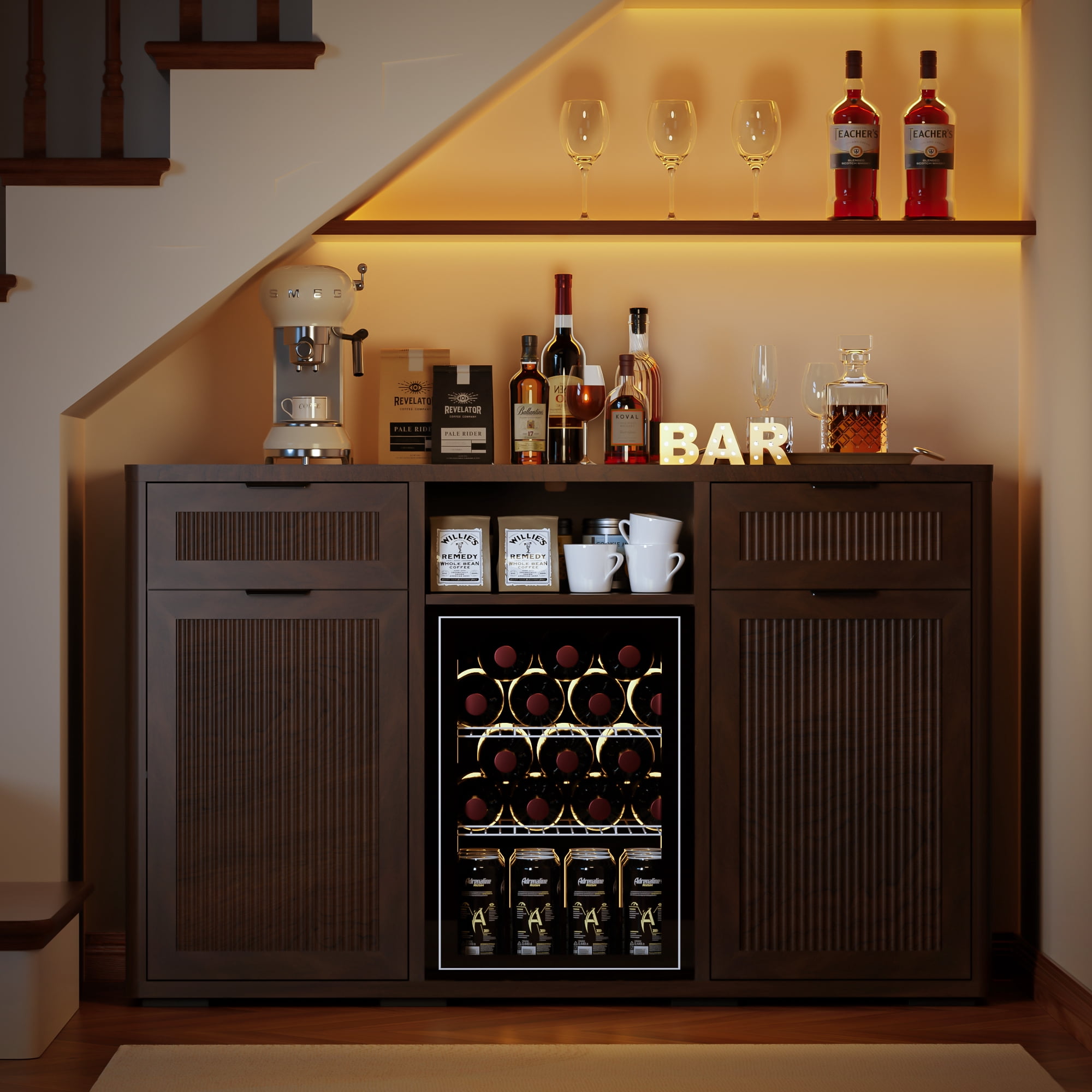 HARIPUL Coffee Bar Cabinet with Mini Fridge Space, Liquor Bar Wine Bar Cabinet with Hidden Drawer, Buffet Sideboard for Living Room, Kitchen, Dining Room