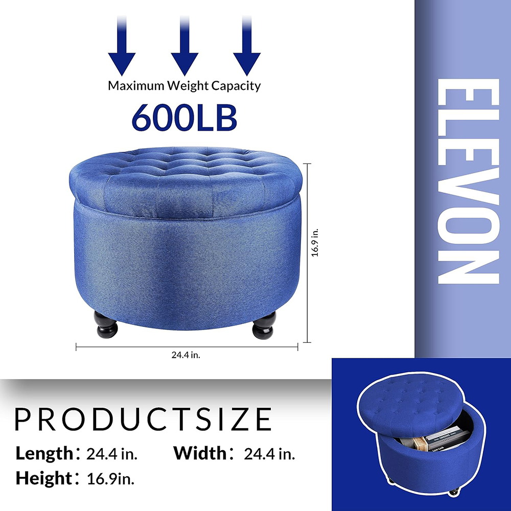 Elevon Large Round Storage Ottoman with Hidden Compartment, Upholstered Accent Ottoman for Living Room and Bedroom, Navy Blue / Blue / Grey