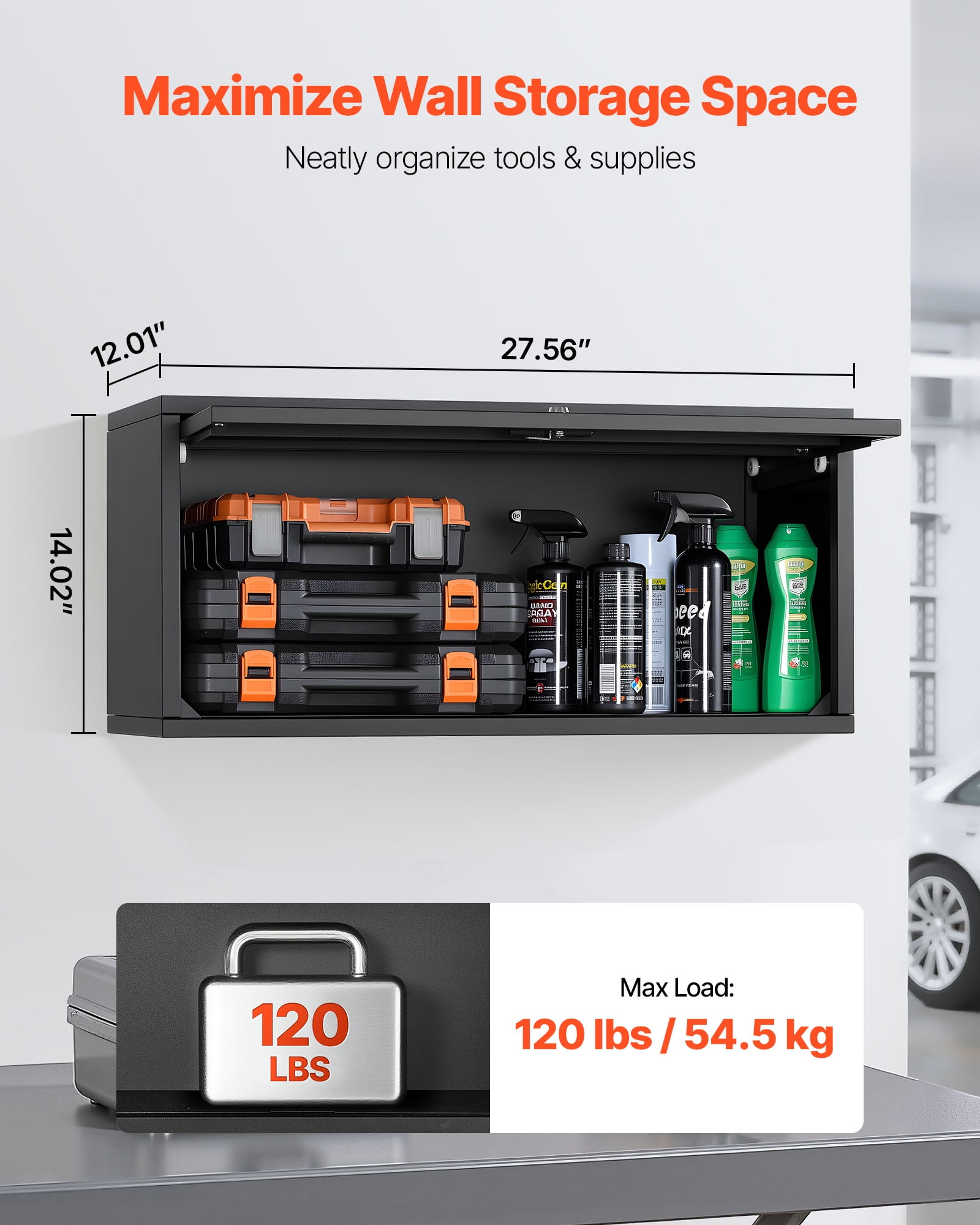 VEVOR Metal Wall Cabinet, 27.56W x 12.01D x 14.02H Inch, Floating Garage Tool Cabinet with Up-Flip Door, 120 lbs Load per Shelf, Fit for Garage, Basement, Kitchen, Warehouse, Assembly Required