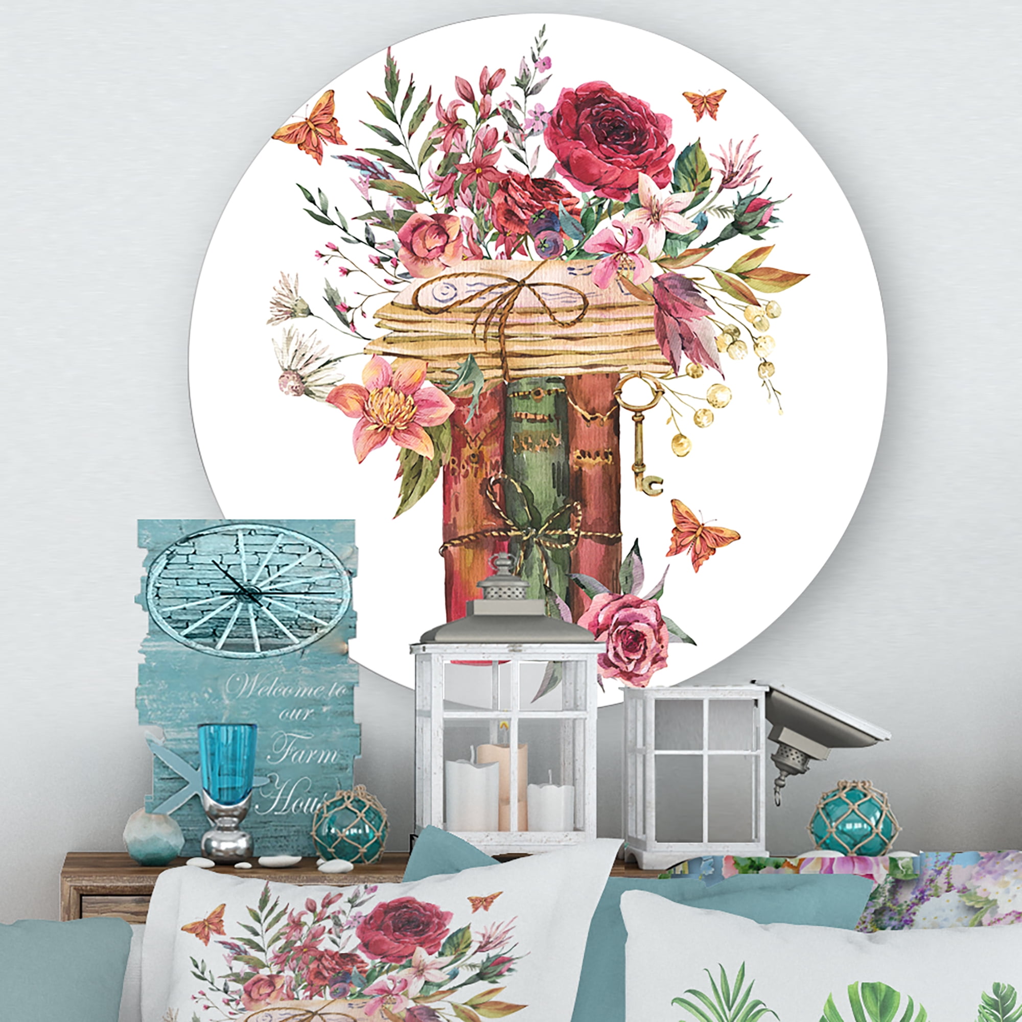 Designart 'Wildflowers With Vintage Old Books' Farmhouse Circle Metal Wall Art 23x23 - Disc of 23